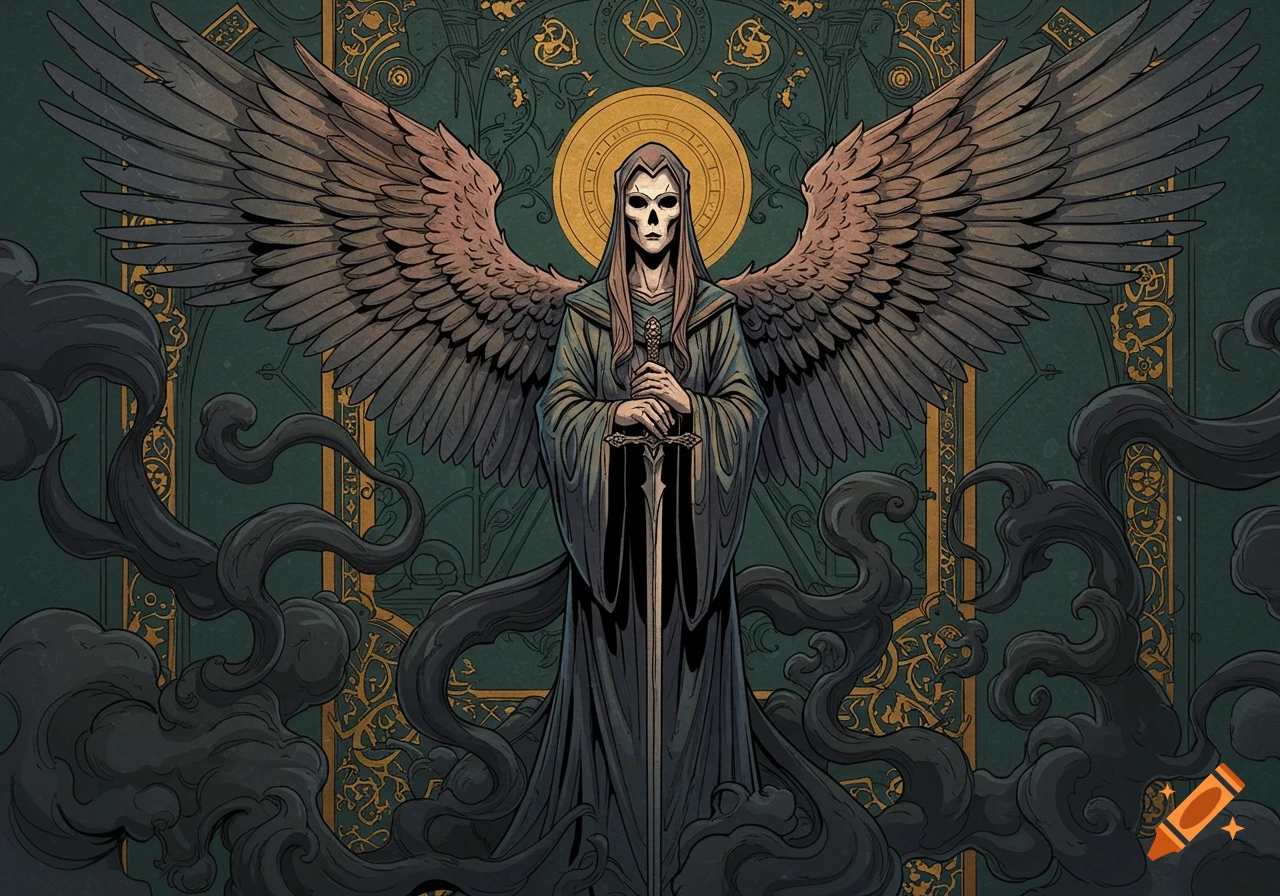 A Mignola-style comic book illustration of an angel of death with large wings and a skull-like face, holding a sword against an ornate gothic background.