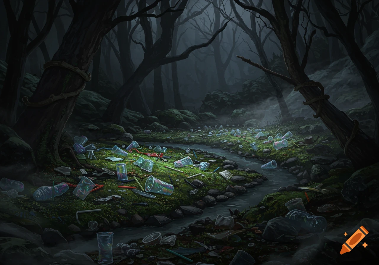 A dark, ominous forest floor with a winding stream, heavily littered with plastic cups, straws, and other waste, in a painted style.
