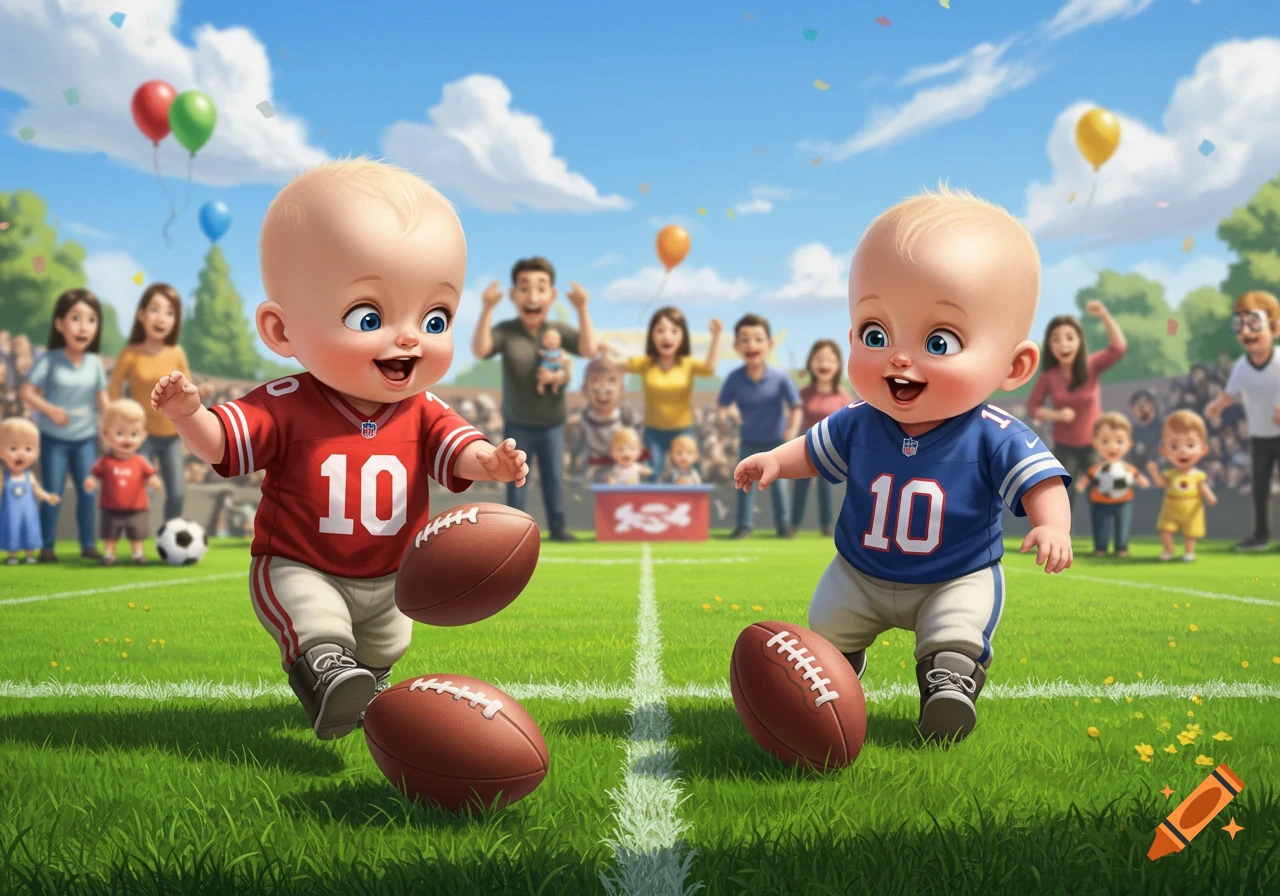 Two smiling cartoon babies in red and blue football jerseys, number 10, running on a green field with footballs and a cheering crowd.