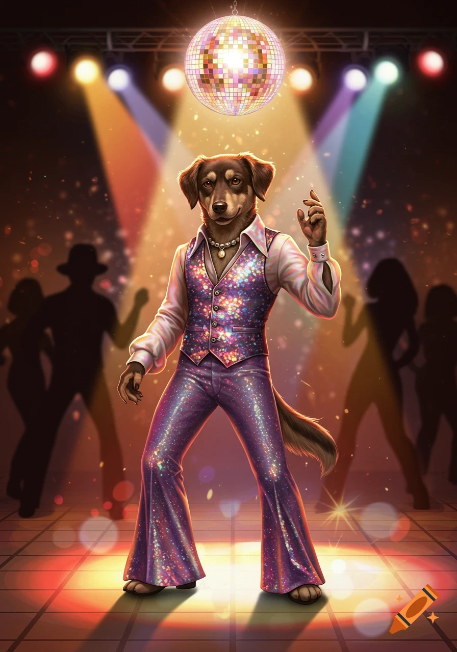 A brown dog in a shimmering purple disco outfit and white shirt dances under a disco ball and colorful spotlights.