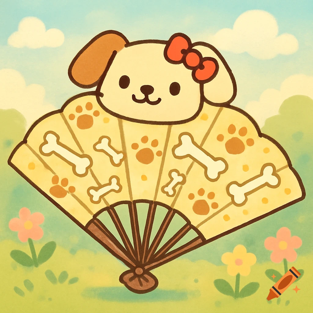 A cute cartoon light brown dog wearing a red bow, holding a yellow fan with bones and paw prints, in a field with flowers.