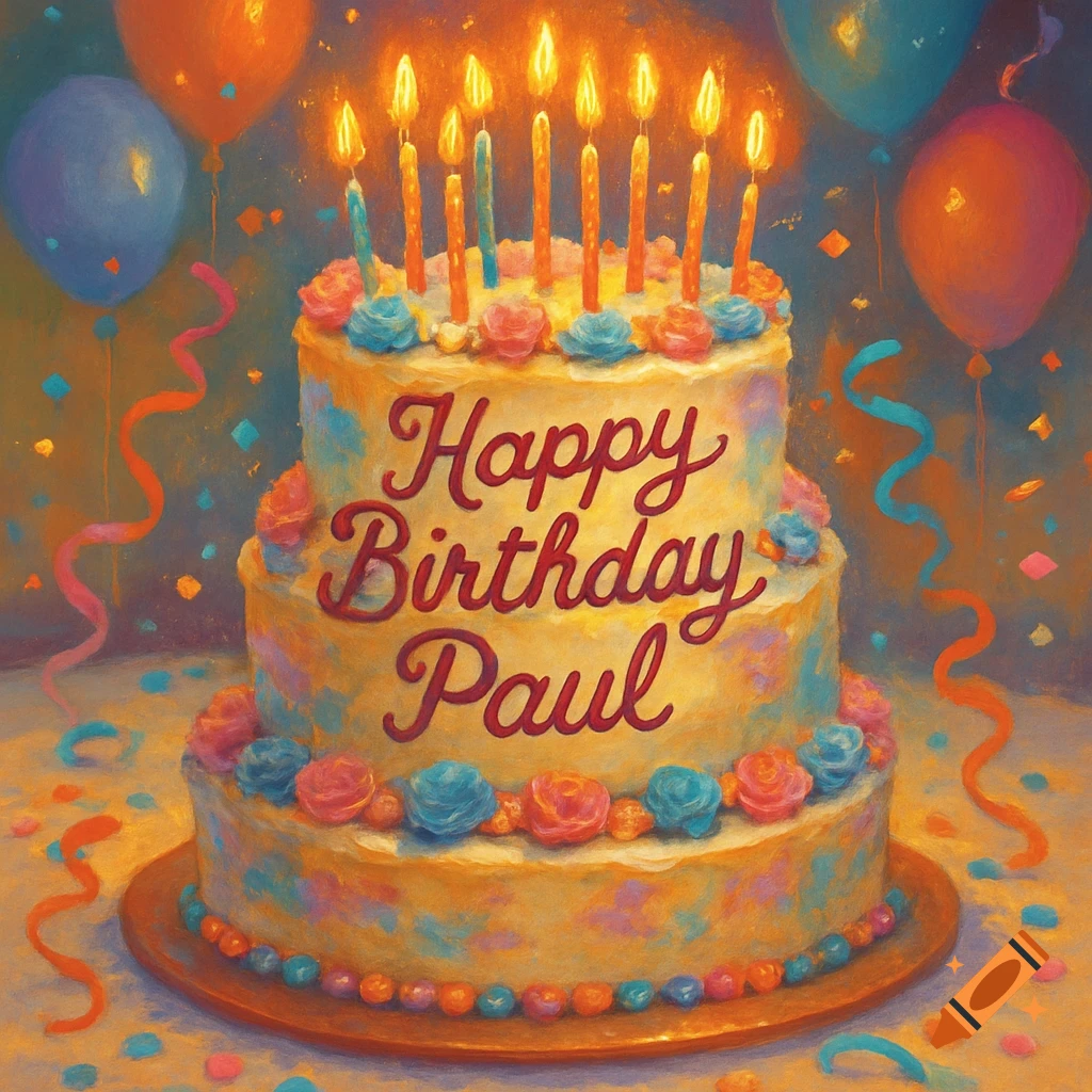 A three-tier birthday cake with lit candles, "Happy Birthday Paul" written on it, surrounded by colorful balloons and confetti in a painterly style.