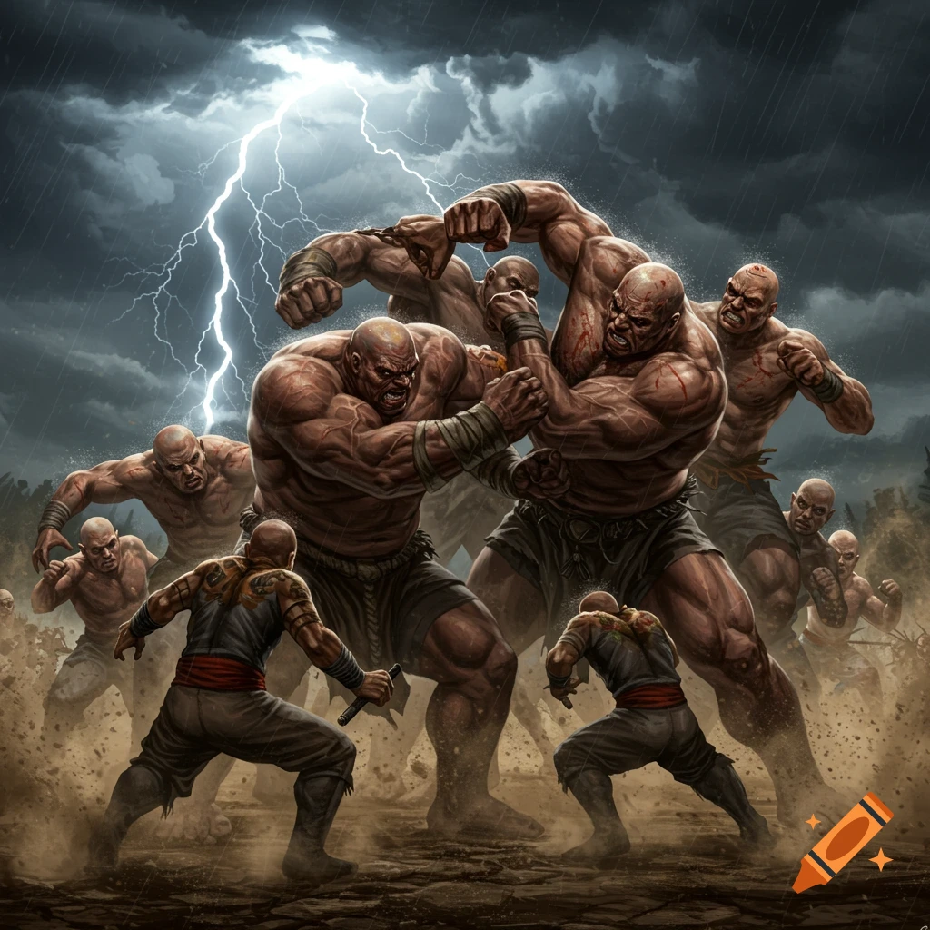 A dramatic digital painting of large, muscular fighters brawling in the rain under a stormy sky with lightning.