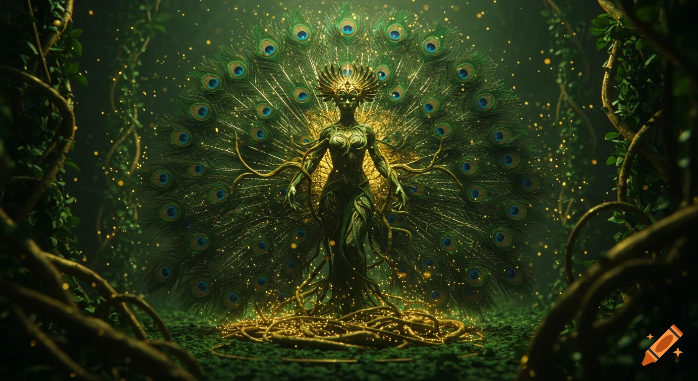A vibrant digital art image of a vine-like goddess with a peacock feather fan, glowing golden particles, and lush green foliage.