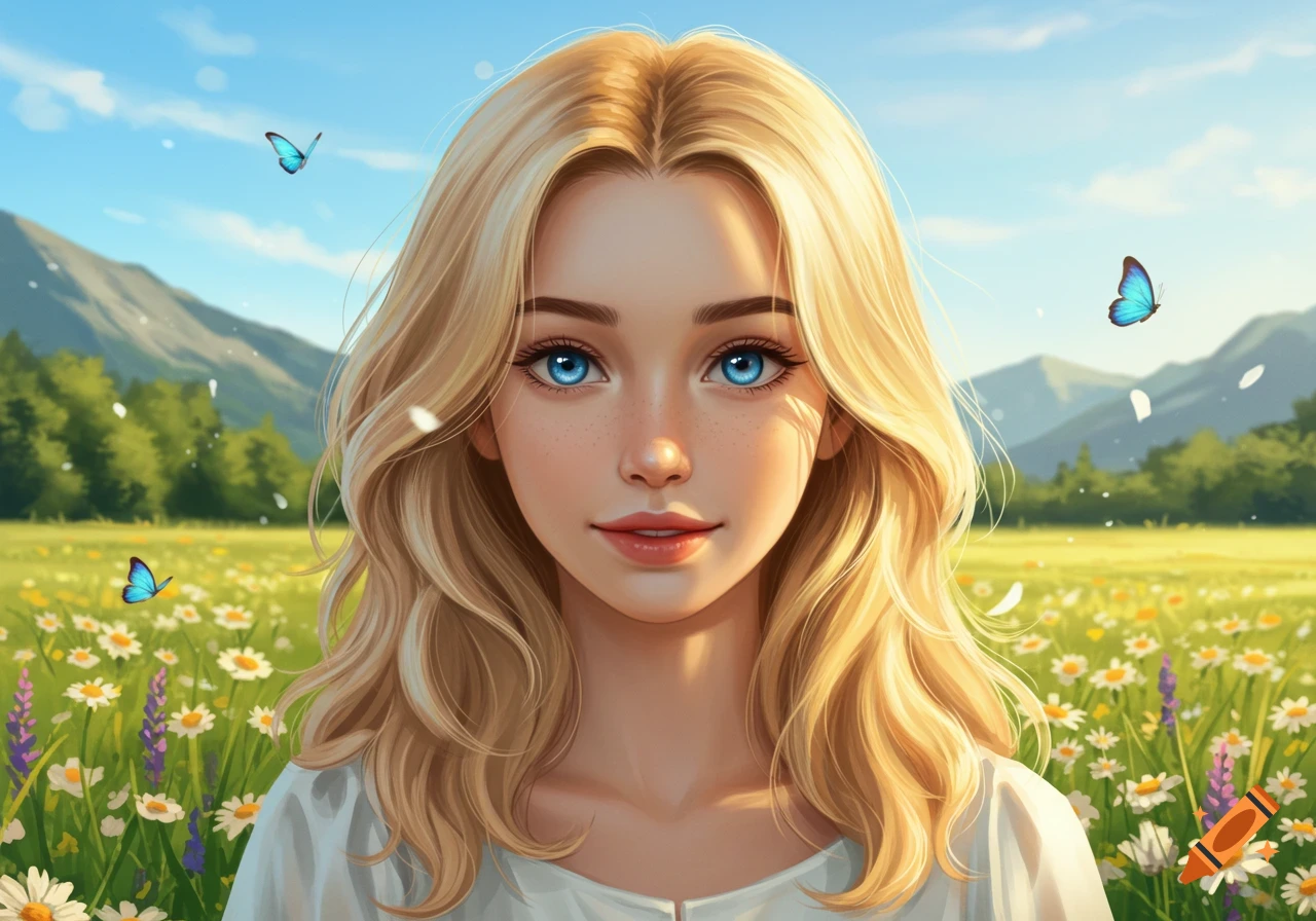 A digitally illustrated blonde woman with blue eyes and freckles smiles in a sunny field with flowers, mountains, and butterflies.