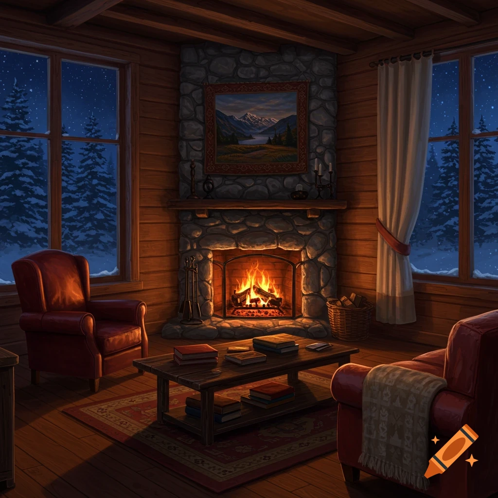 Cozy cabin living room with a lit stone fireplace, two armchairs, and a coffee table. Snowy pine trees visible through windows at night.