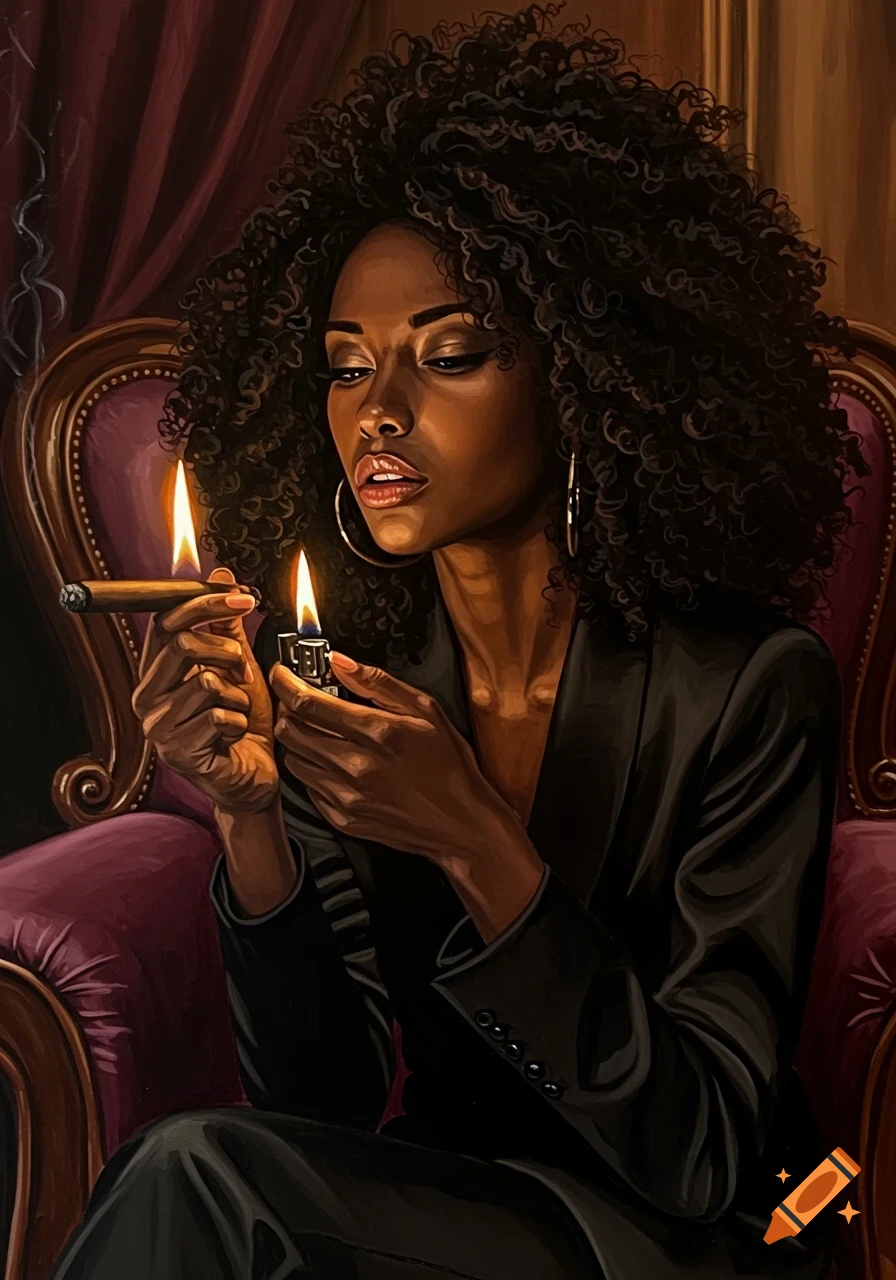Acrylic painting of an elegant Black woman with curly hair lighting a cigar, seated in a chair, with flame glow on her face.