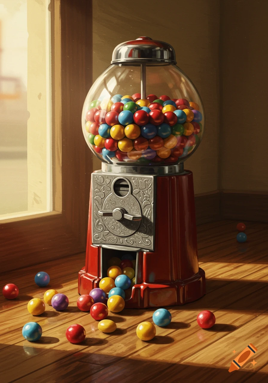 A vintage red gumball machine filled with colorful candies, with many gumballs scattered on a sunlit wooden floor by a window. Painting style.