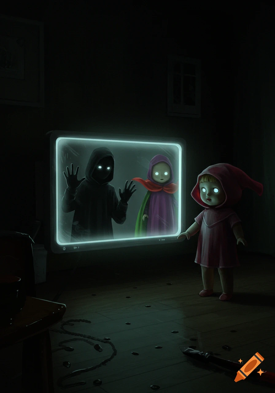 Eerie painting of a doll-like figure in a dark room, watching two hooded, glowing-eyed figures on a bright screen.