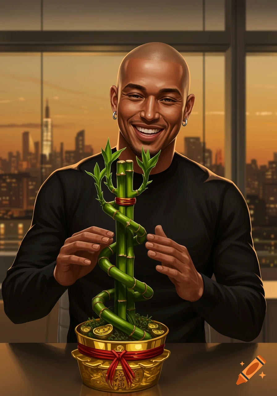 A grinning bald man in a black shirt rubs a spiral lucky bamboo plant in a golden pot, with a city skyline at sunset in the background, digital painting.