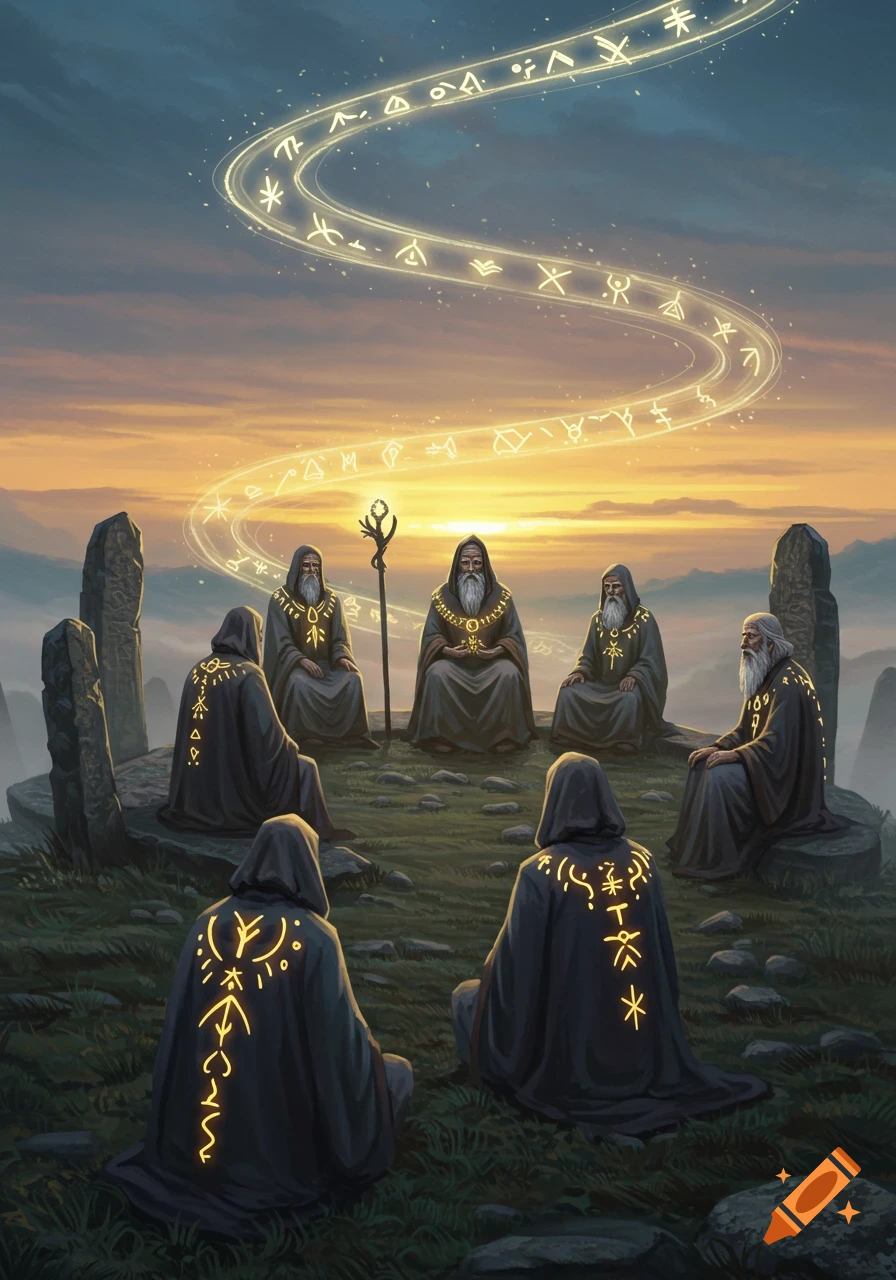 An illustration of robed old men in a circle on a hilltop at sunset, with glowing mystical symbols floating above and on their cloaks.