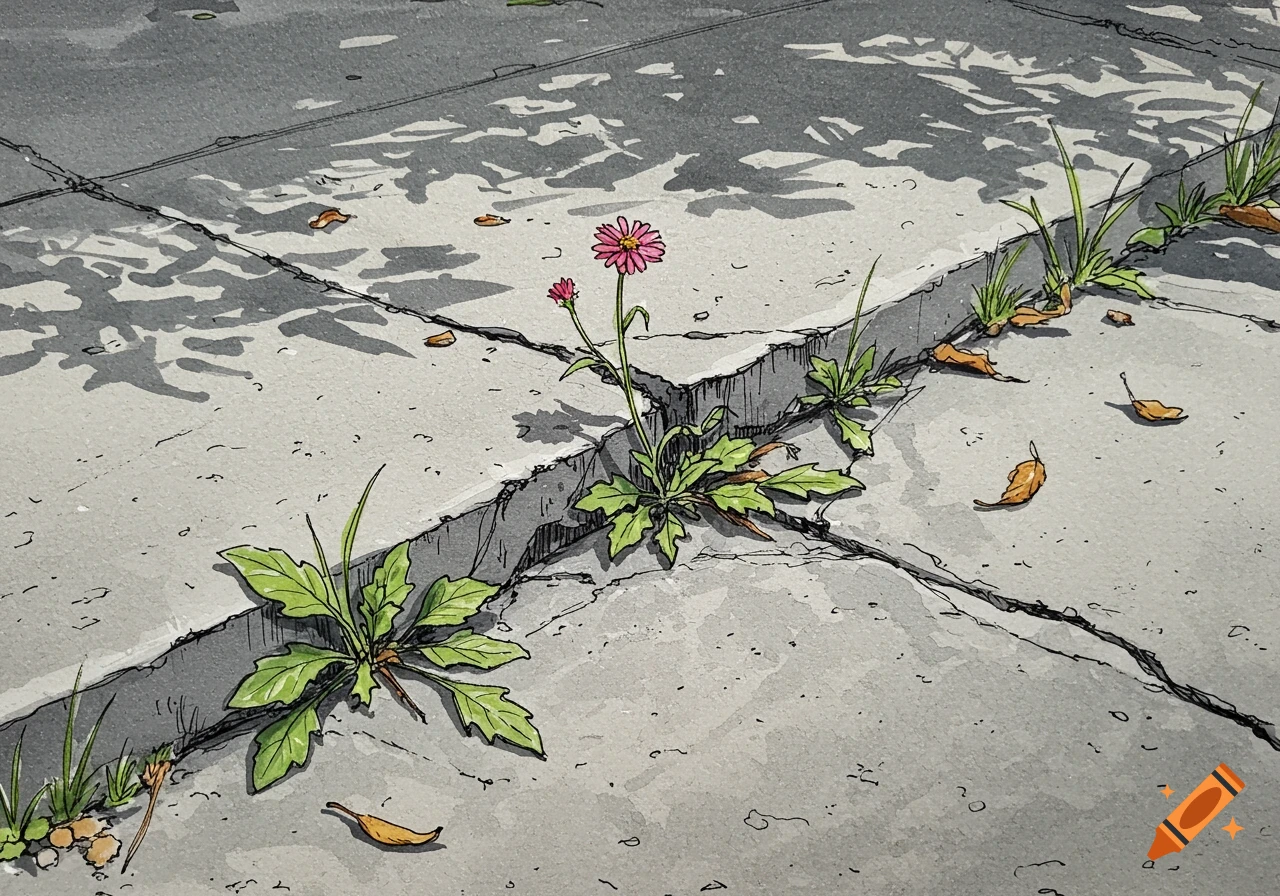 A watercolor sketch of a cracked sidewalk with weeds and a pink flower growing through the cracks.