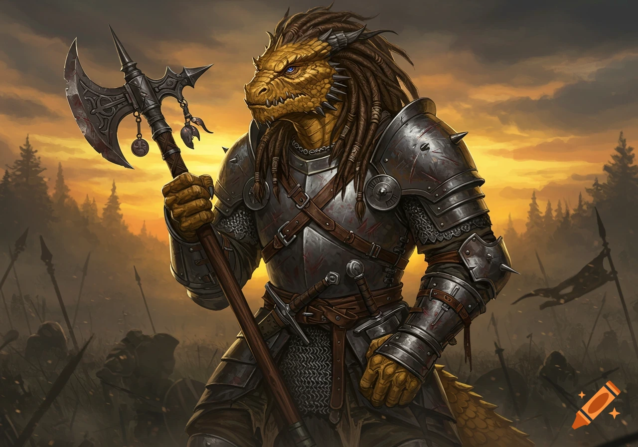 A brassy yellow dragonborn warrior in worn armor holds an ornate halberd on a battlefield at sunset.