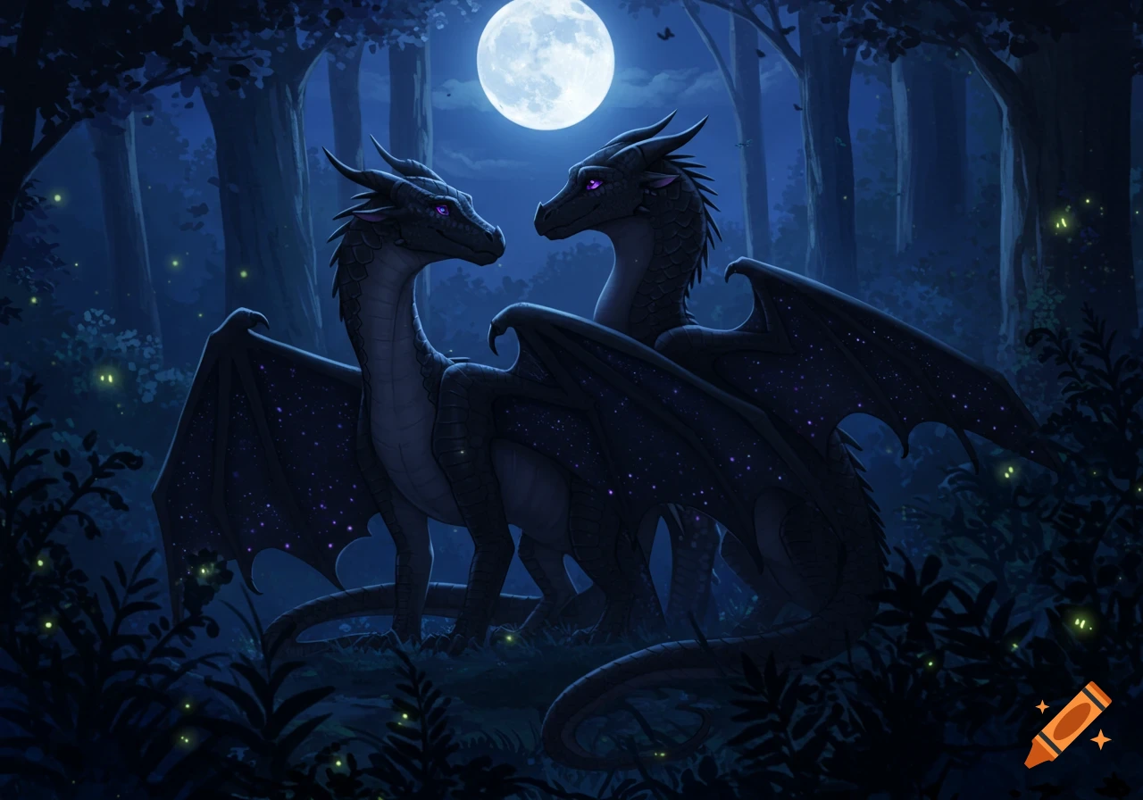 Two dark, starry-winged dragons with purple eyes face each other in a moonlit forest with fireflies.