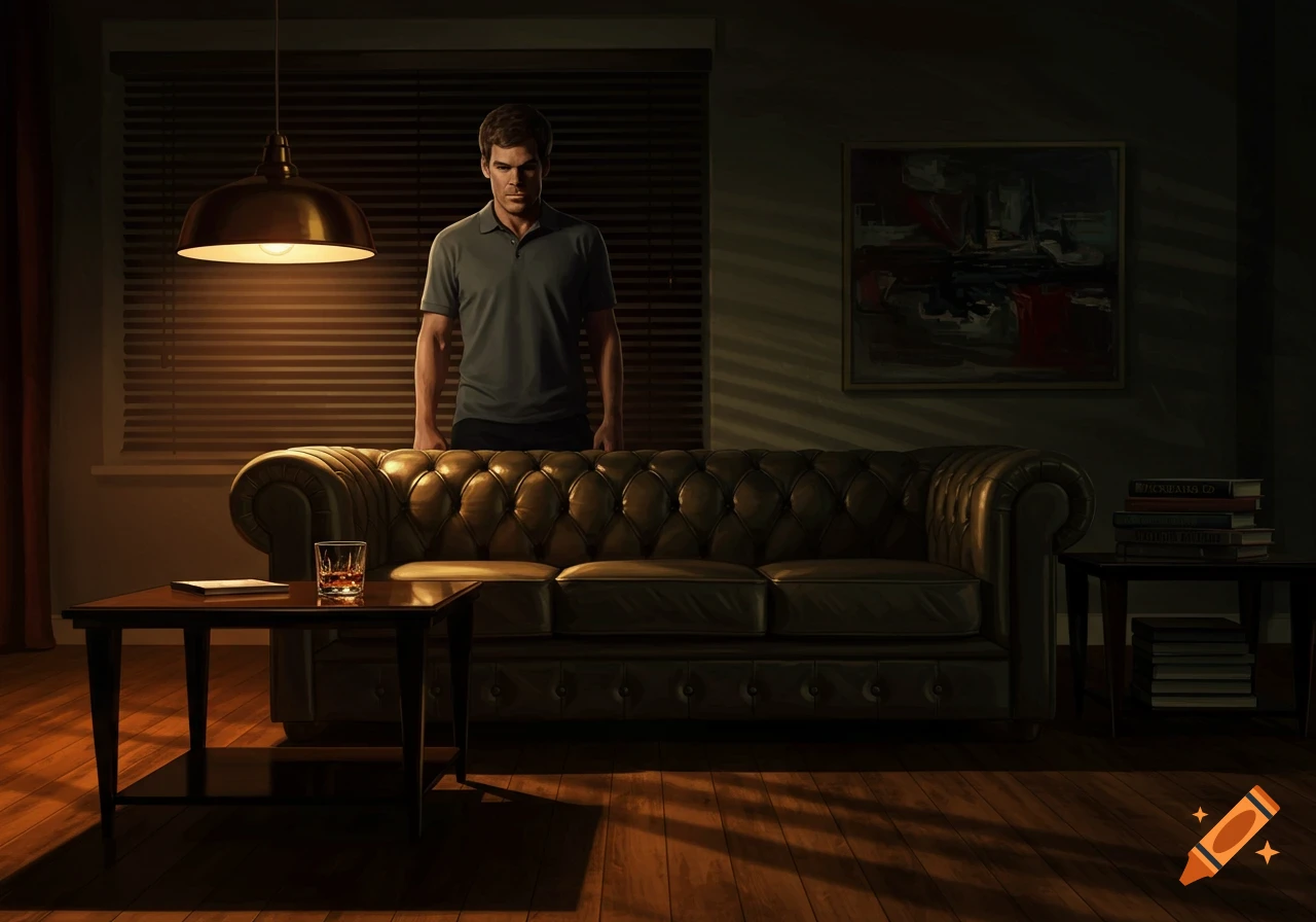 A man resembling Dexter Morgan stands behind a brown leather tufted couch in a dimly lit room with venetian blinds and a hanging lamp.