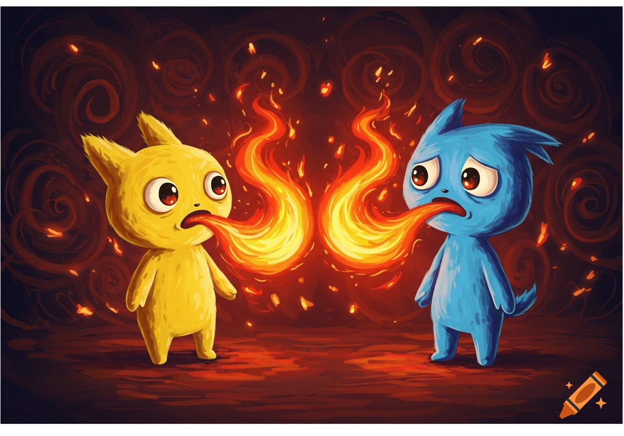 Two cartoon characters, one yellow and one blue, spit fire at each other in an illustrative, fiery setting.