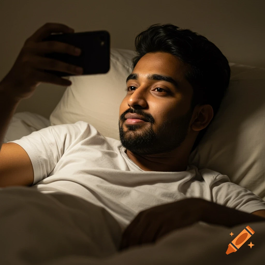 A bearded Indian man lies in bed in a dark room, illuminated by the light from the smartphone he is holding.
