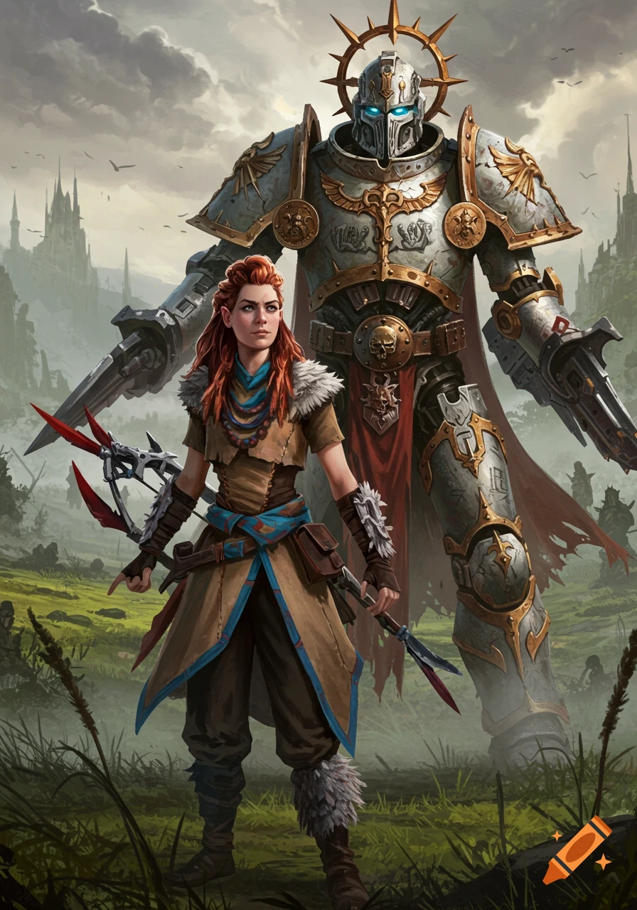 Aloy from Horizon Zero Dawn and a Warhammer 40k Grey Knight stand together in a mystical landscape with castles.