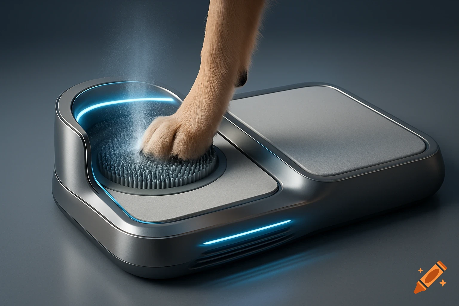 A dog's paw is being cleaned by a modern, silver and gray pet paw cleaner with blue neon lights and mist.