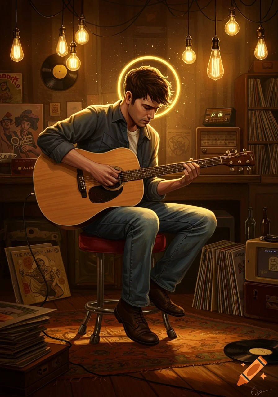 A man with a golden halo around his head plays an acoustic guitar in a warmly lit, cluttered room filled with records and vintage items.