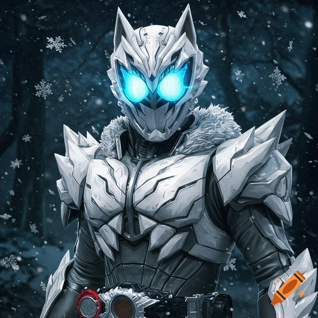 A white wolf-themed Kamen Rider in metallic armor with glowing blue eyes stands in a snowy forest.
