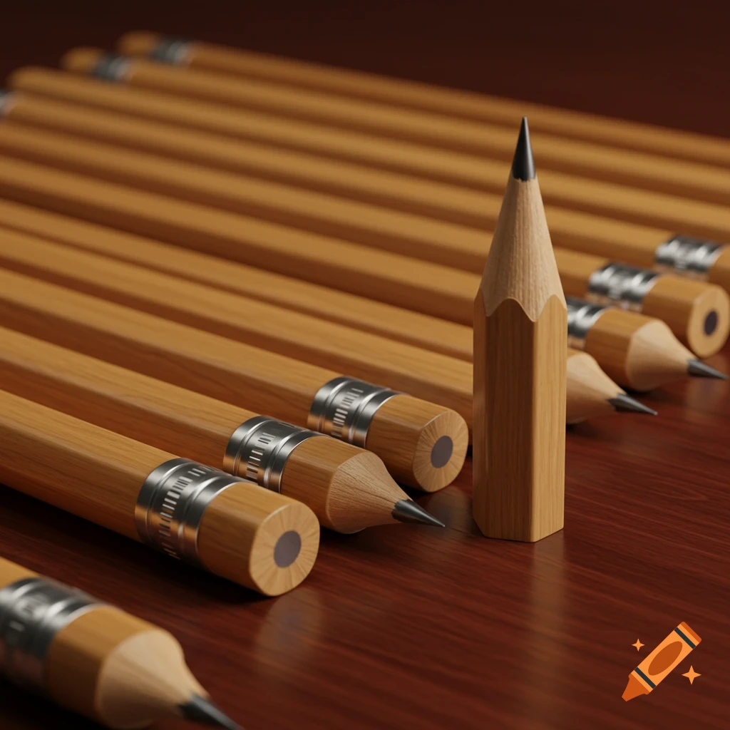 A photorealistic image of many unsharpened wooden pencils lying in a row on a wooden table, with one sharpened pencil standing upright.