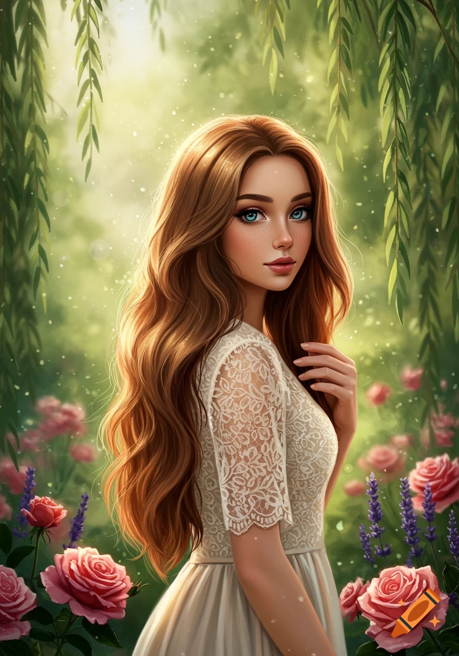 A beautiful girl with long brown hair and blue eyes, wearing a white lace dress, stands in a lush garden with pink roses, in a stylized illustration.