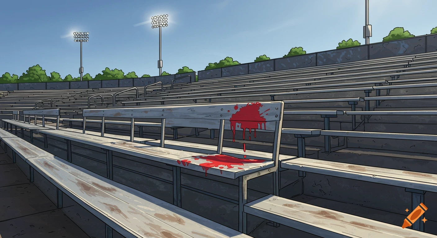 Comic book style empty stadium seats, one covered in red liquid, under a clear blue sky.