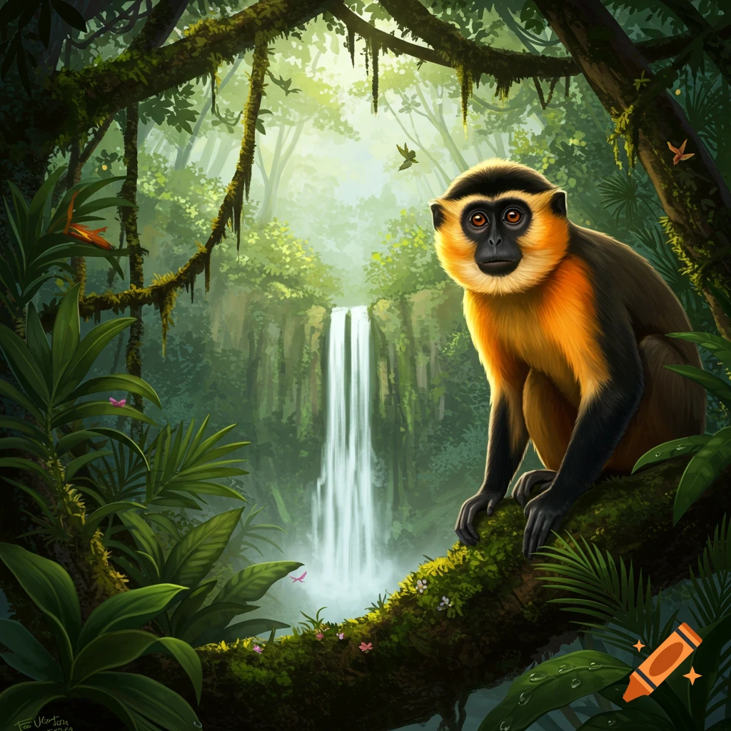 A vibrant illustration of a monkey with a black face and orange fur sitting on a mossy branch in a lush jungle with a waterfall.
