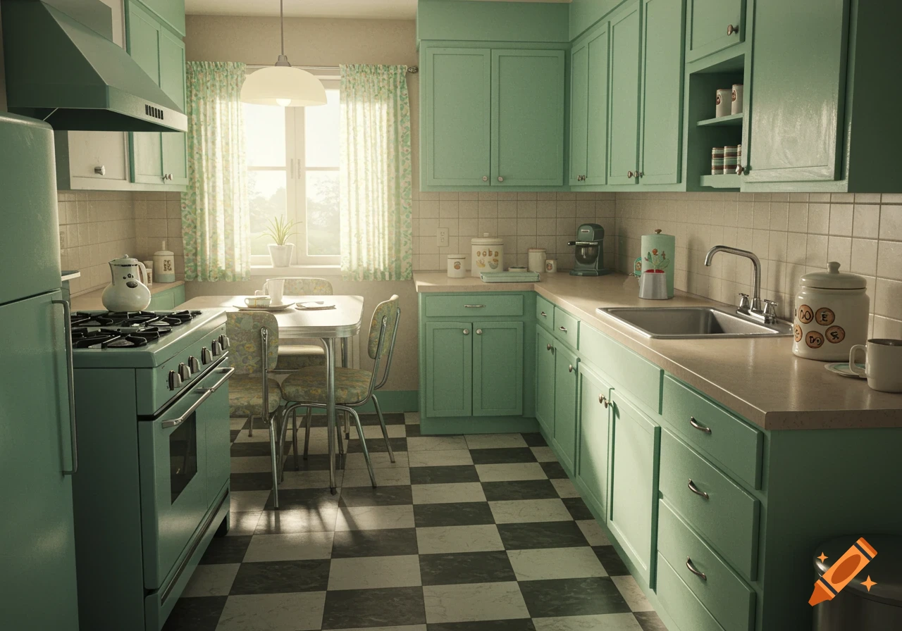 A photorealistic 1950s kitchen with mint green cabinets, a checkered floor, a dining table and chairs, a gas stove, and a cookie jar on the counter.