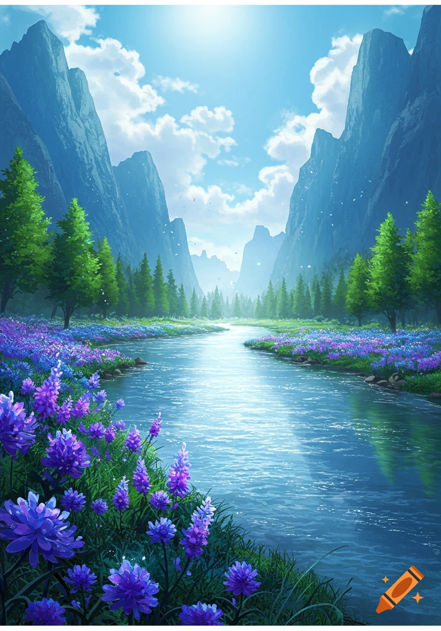Stylized illustration of a serene river flowing through a mountainous valley with vibrant purple and blue flowers along its banks.