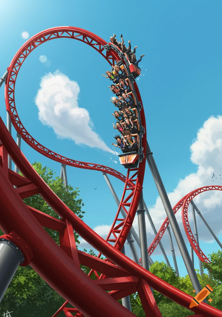 An illustration of a red rollercoaster with a train full of excited people upside down on a loop against a bright blue sky.