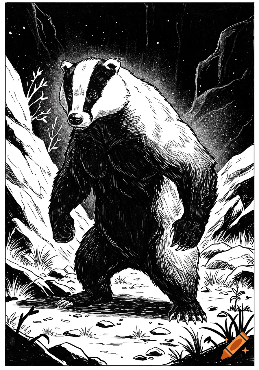A black and white comic illustration of an anthropomorphic badger standing in a rocky, dark forest at night.