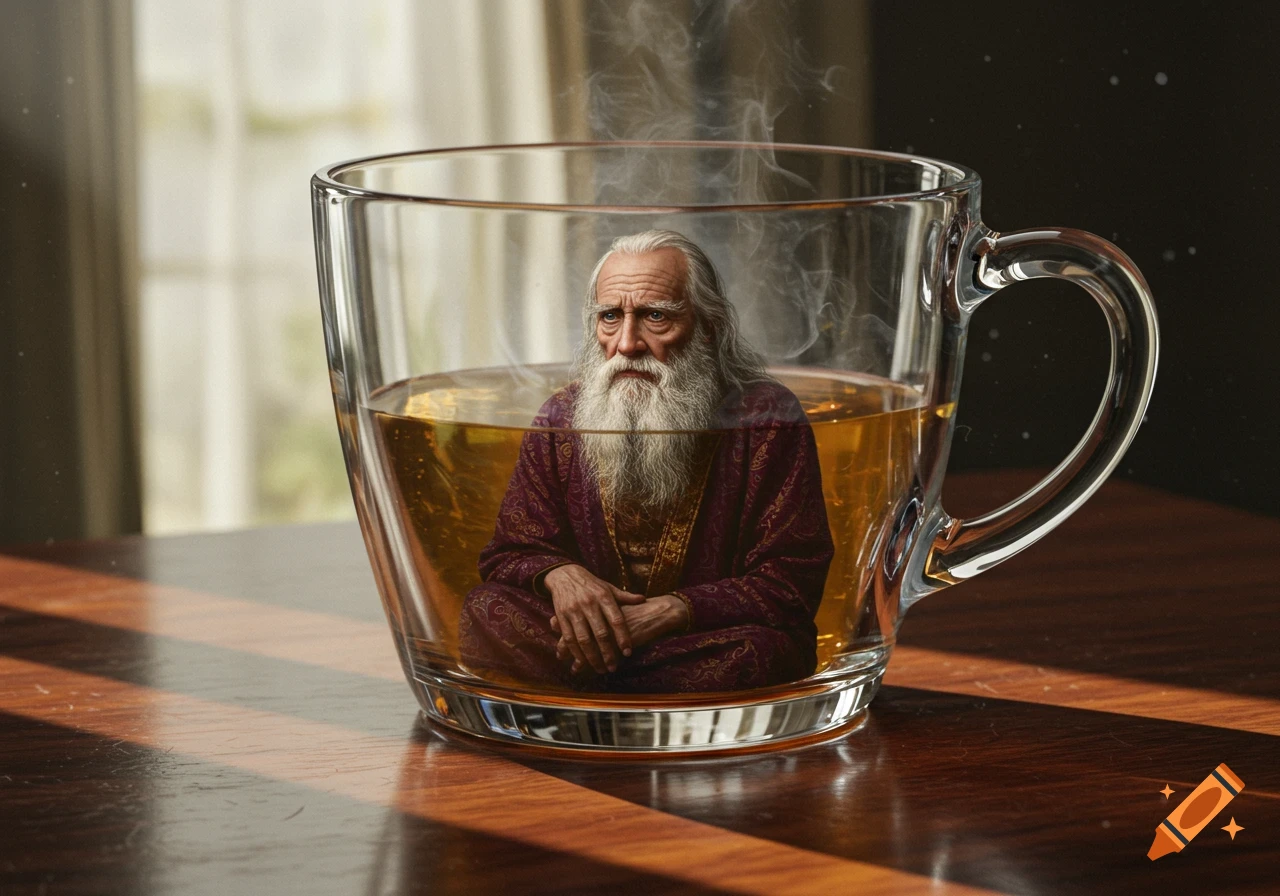 A photorealistic image of an old man with a long white beard and purple robes, sitting in a glass cup of steaming tea on a wooden table.