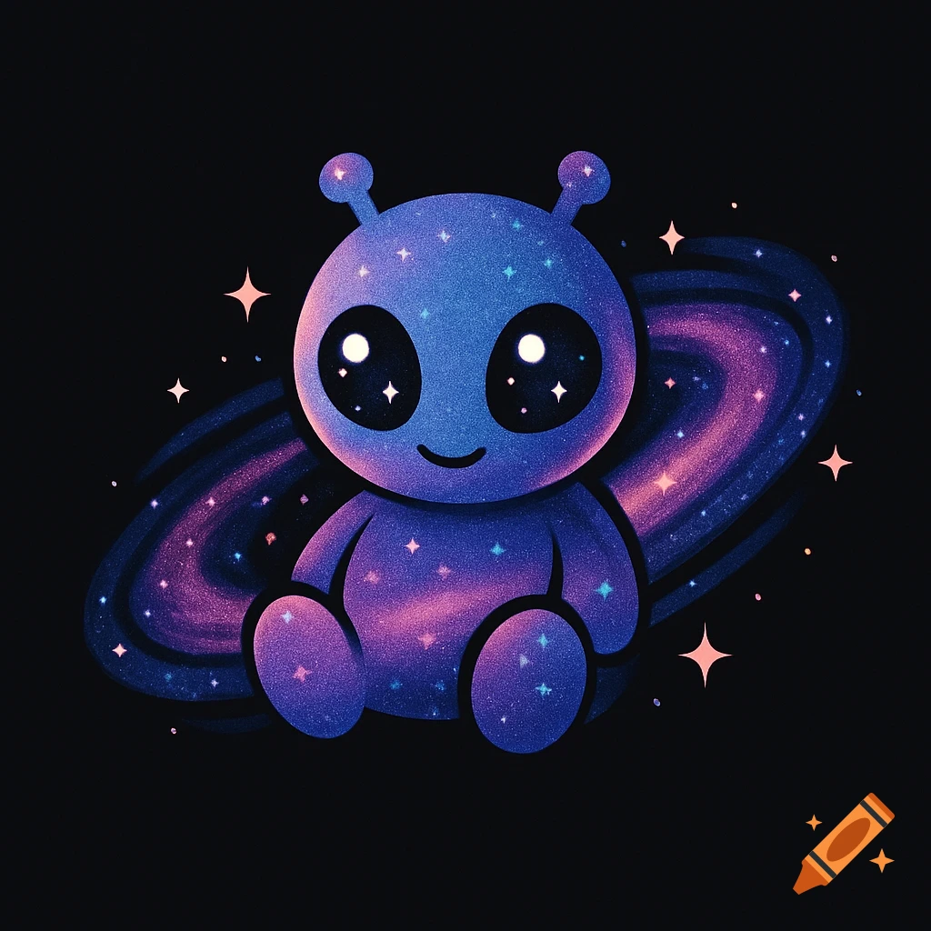 A cute, sparkling blue and purple alien illustration with big eyes, sitting in front of a spiral galaxy on a black background.