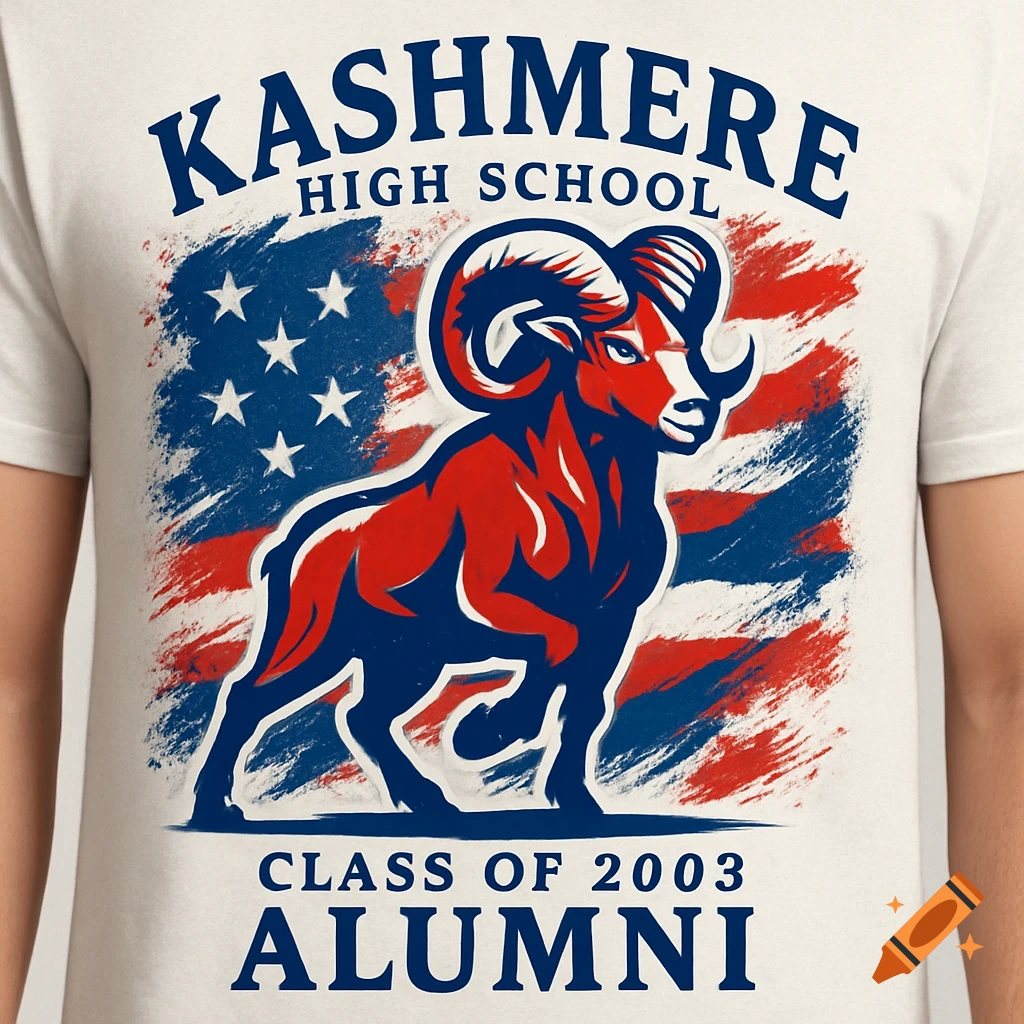 A t-shirt design featuring a red, white, and blue ram mascot over a distressed American flag background. Text reads "Kashmere High School Class of 2003 Alumni".