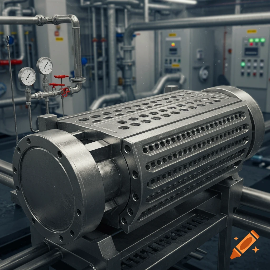 Photorealistic image of a large metallic industrial heat exchanger or processing unit with gauges and valves, set in a factory.