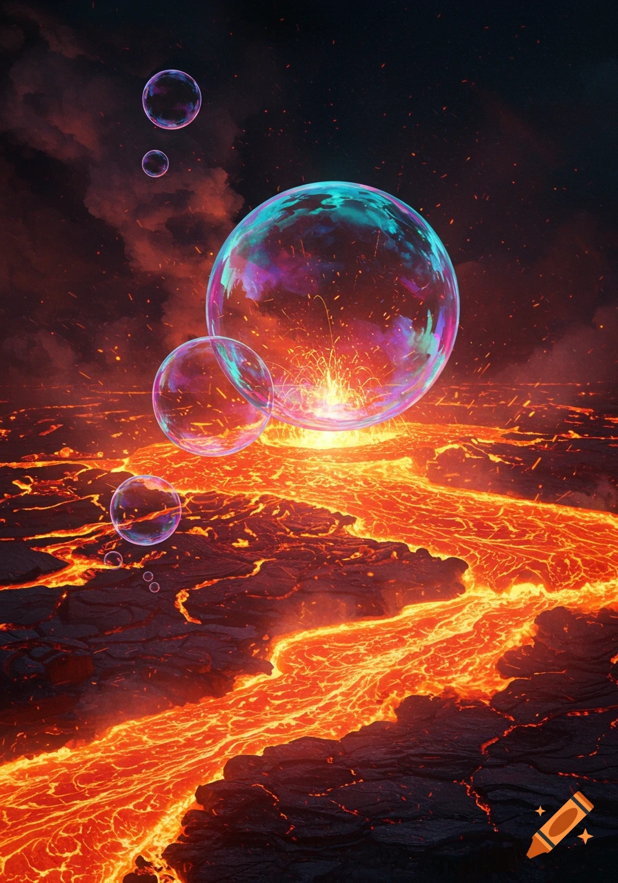 Vibrant iridescent bubbles float over a fiery landscape of molten lava, with sparks emanating from the largest bubble.