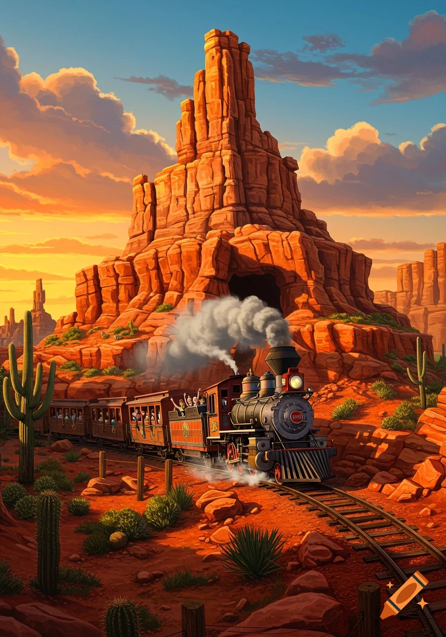 Cartoon train with passengers in a vibrant orange desert canyon with towering rock formations and saguaro cacti at sunset.