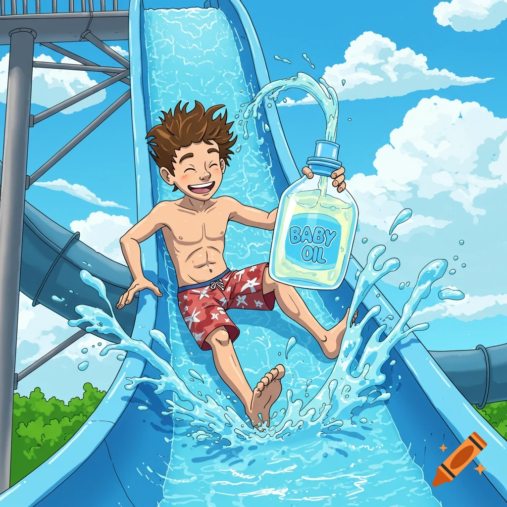 A cartoon teenage boy slides down a water slide, smiling and pouring baby oil on himself in an exaggerated way. Bright summer colors.