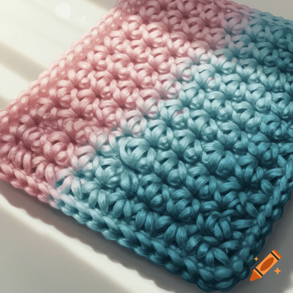 Pink and blue ombre crocheted washcloth with visible stitches.