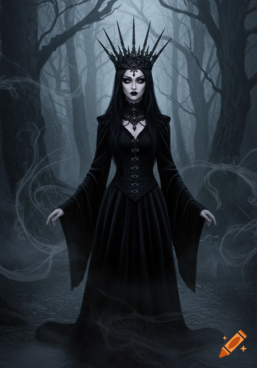 A gothic queen with long black hair, wearing a spiked crown and a black dress, stands in an eerie, foggy forest. Digital art.