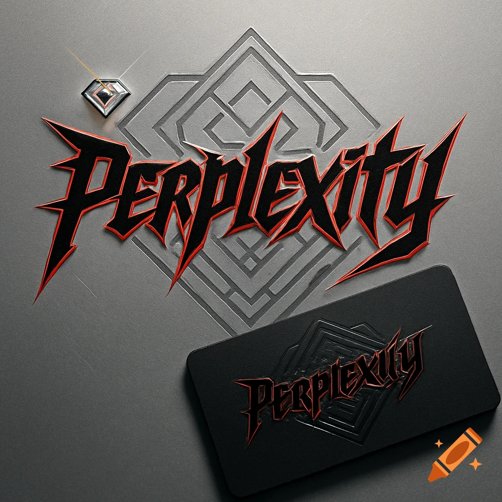 Red-outlined black 'Perplexity' logo with sharp edges on a metallic gray background, with a matching business card.