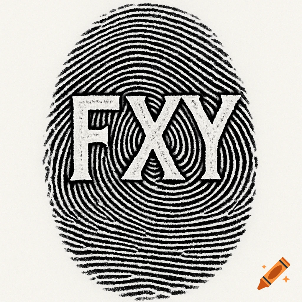 A black and white fingerprint with the letters FXY formed by its ridges.