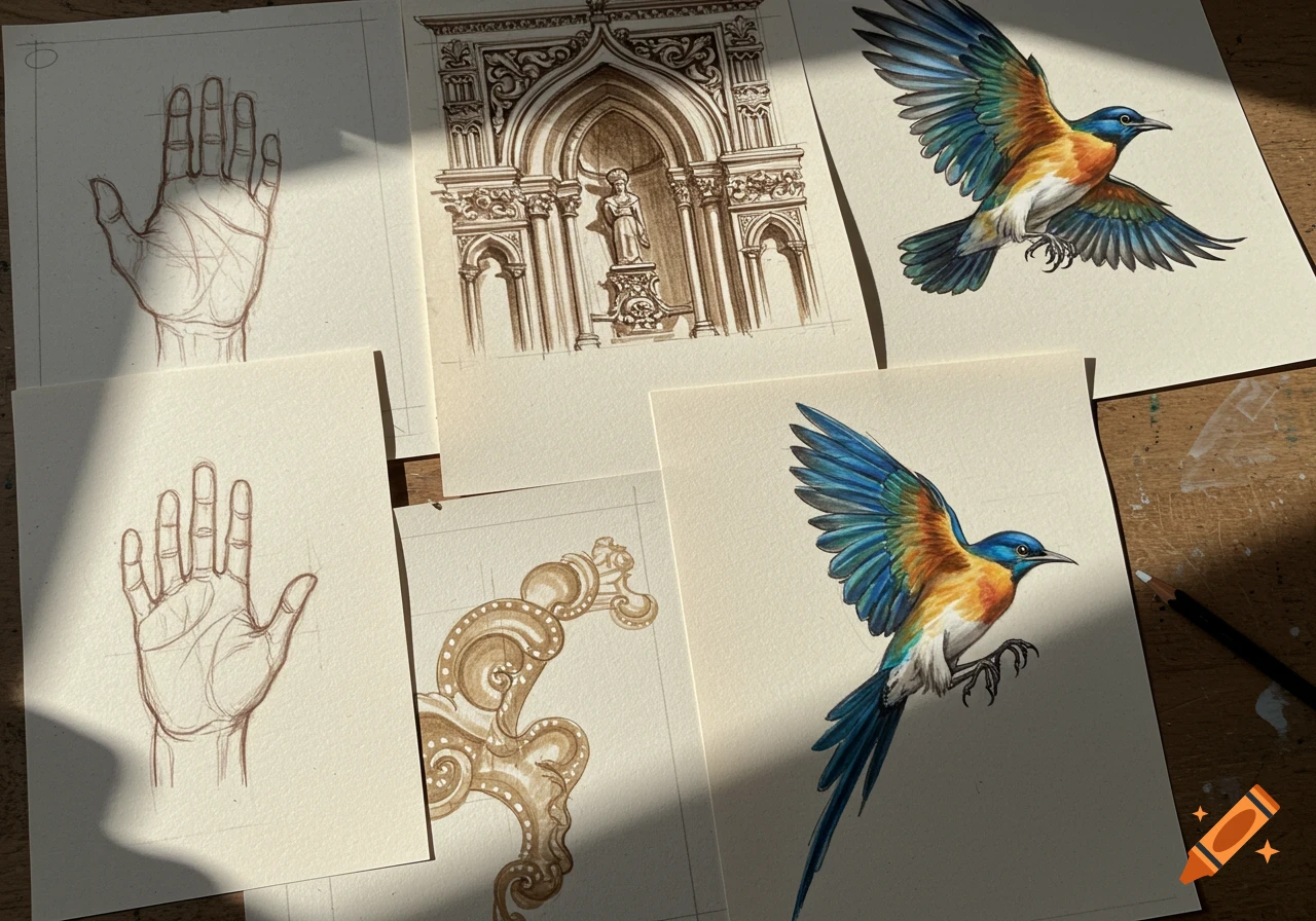 Detailed art sketches on paper, featuring human hands, ornate architectural arches, and colorful flying birds, illuminated by sunlight.