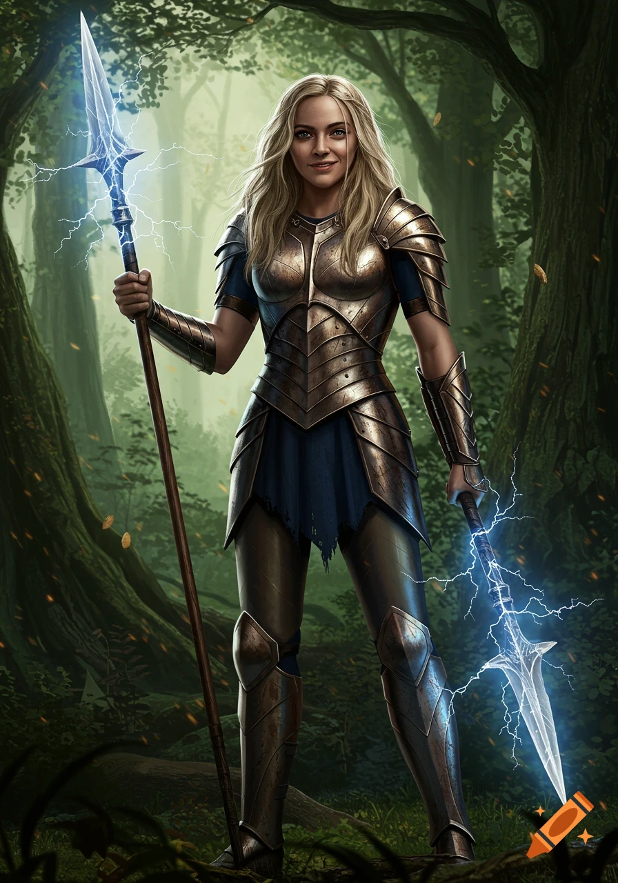 A female warrior in bronze and blue armor stands in a forest, holding two electric spears.