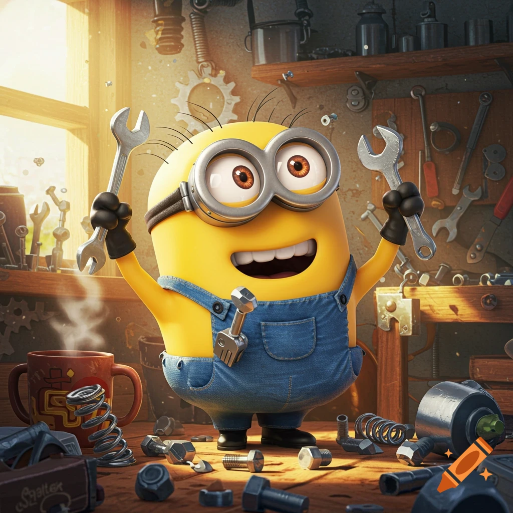 A happy cartoon Minion in denim overalls holding two wrenches while standing in a messy workshop.