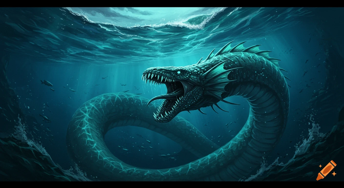 A gigantic, green-blue leviathan with glowing eyes and a wide-open, segmented mouth swims in dark blue underwater depths, small fish scatter.