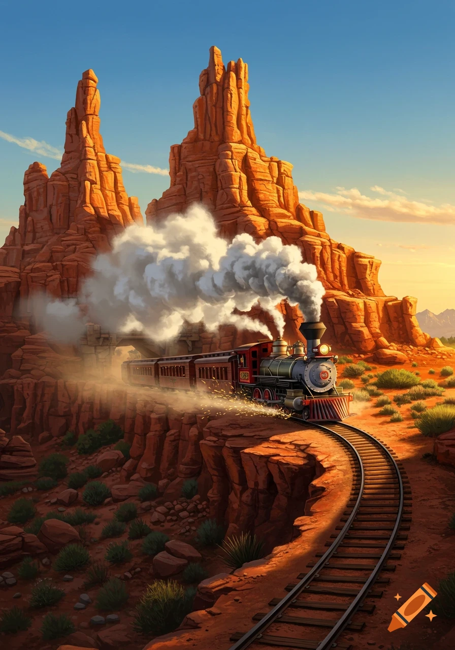 A stylized steam train speeds on tracks through a vibrant desert canyon with towering red rock formations under a bright sky.