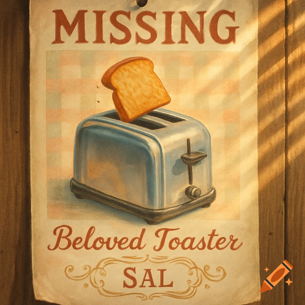 A retro-style 'MISSING Beloved Toaster SAL' poster with toast popping from a toaster.